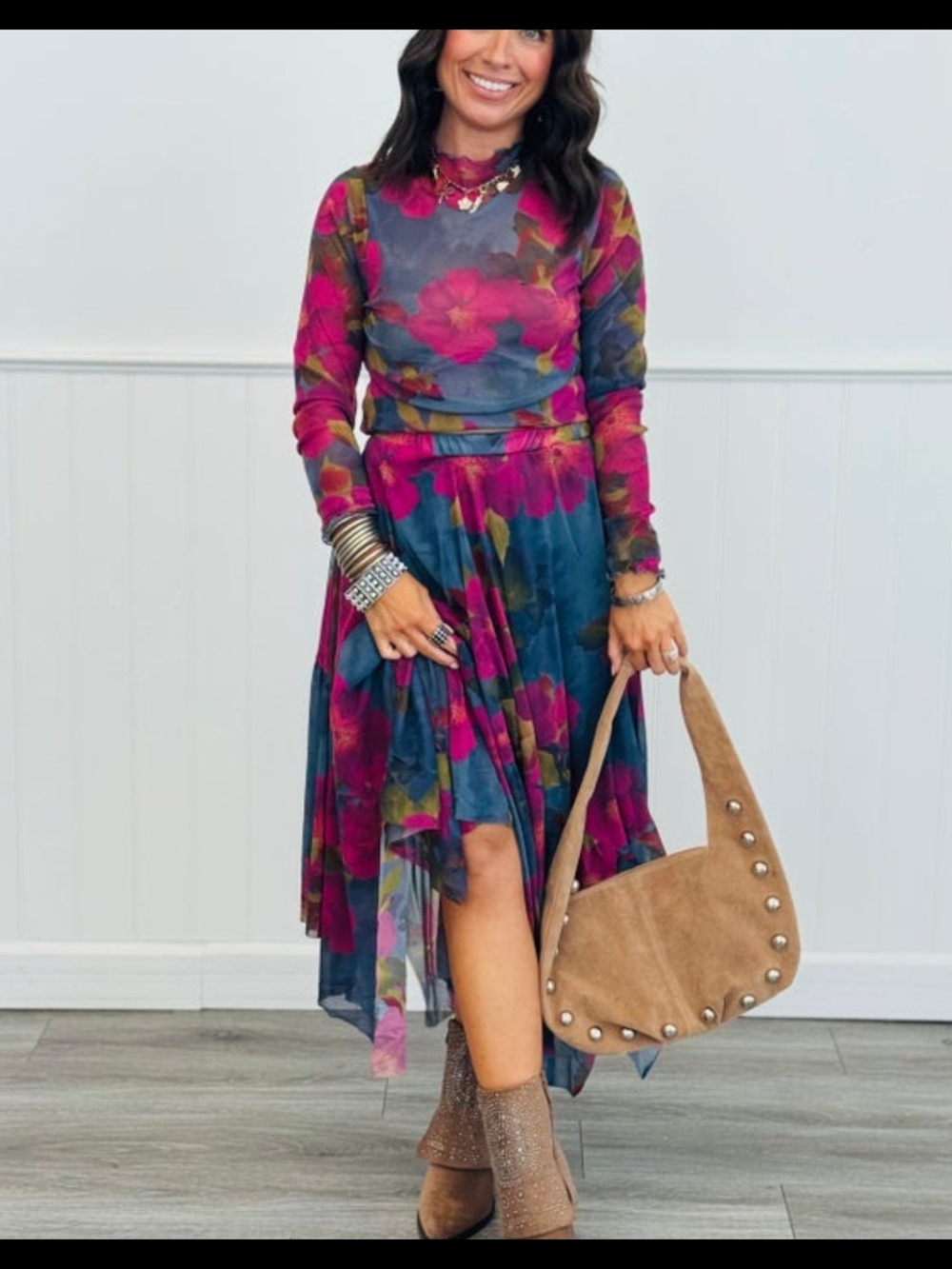 New Easel INDIGO/MAGENTA Floral Print Mesh Ballerina Top Size 1X